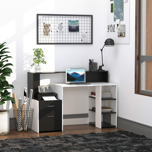 Bureau d'ordinateur moderne avec tiroirs et étagères de rangement, poste de travail d'étude, bureau avec support d'imprimante pour bureau à domicile, noir et blanc