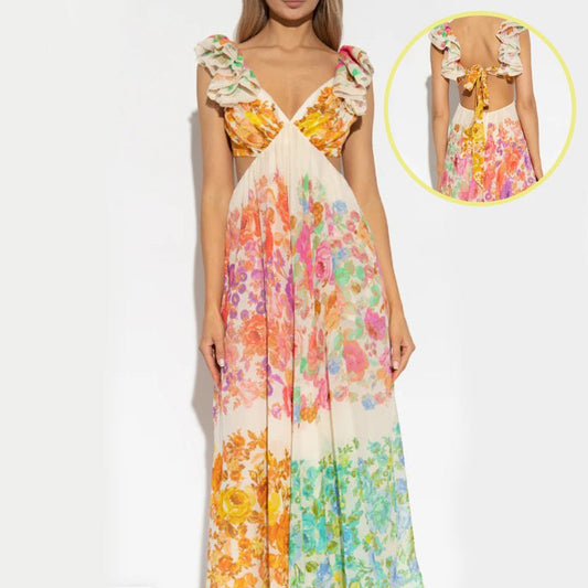 Jessica V-neck Ruffle Sleeve Long Dress