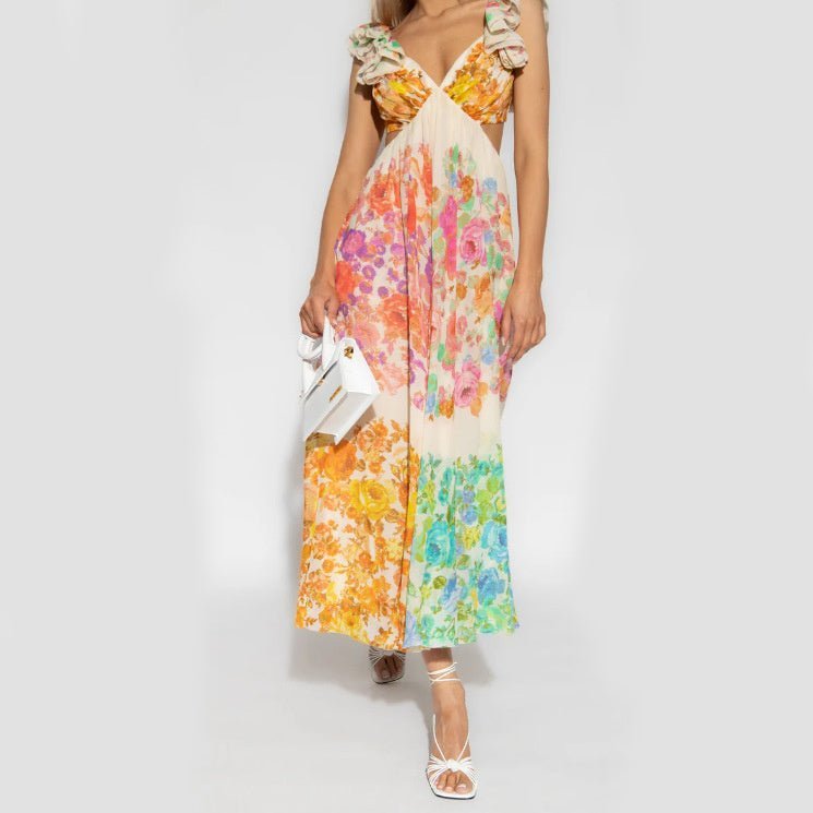 Jessica V - neck Ruffle Sleeve Long Dress - www.Shopthatapp.com