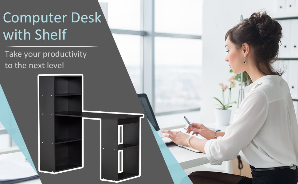 120cm Modern Computer Desk Bookshelf Study Table Workstation PC Laptop Writing Home Office 6 Shelves Black - www.Shopthatapp.com