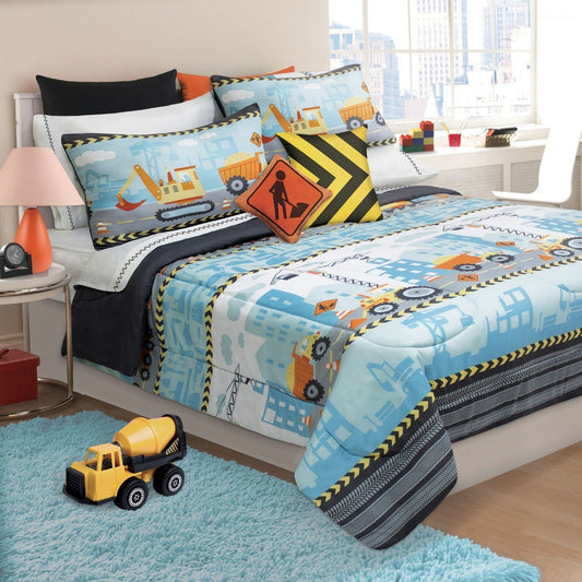 DecoElegance kids microfiber bedding set with construction theme featuring trucks and bright colors