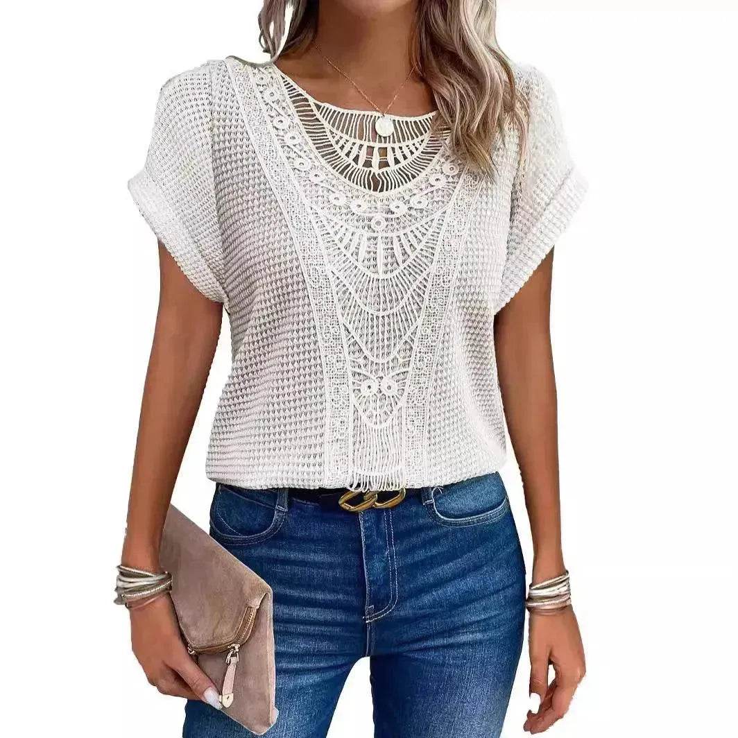 Lace Patchwork Short-sleeved T-shirt Women's Clothing - www.Shopthatapp.com