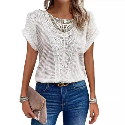 Lace Patchwork Short-sleeved T-shirt Women's Clothing - www.Shopthatapp.com