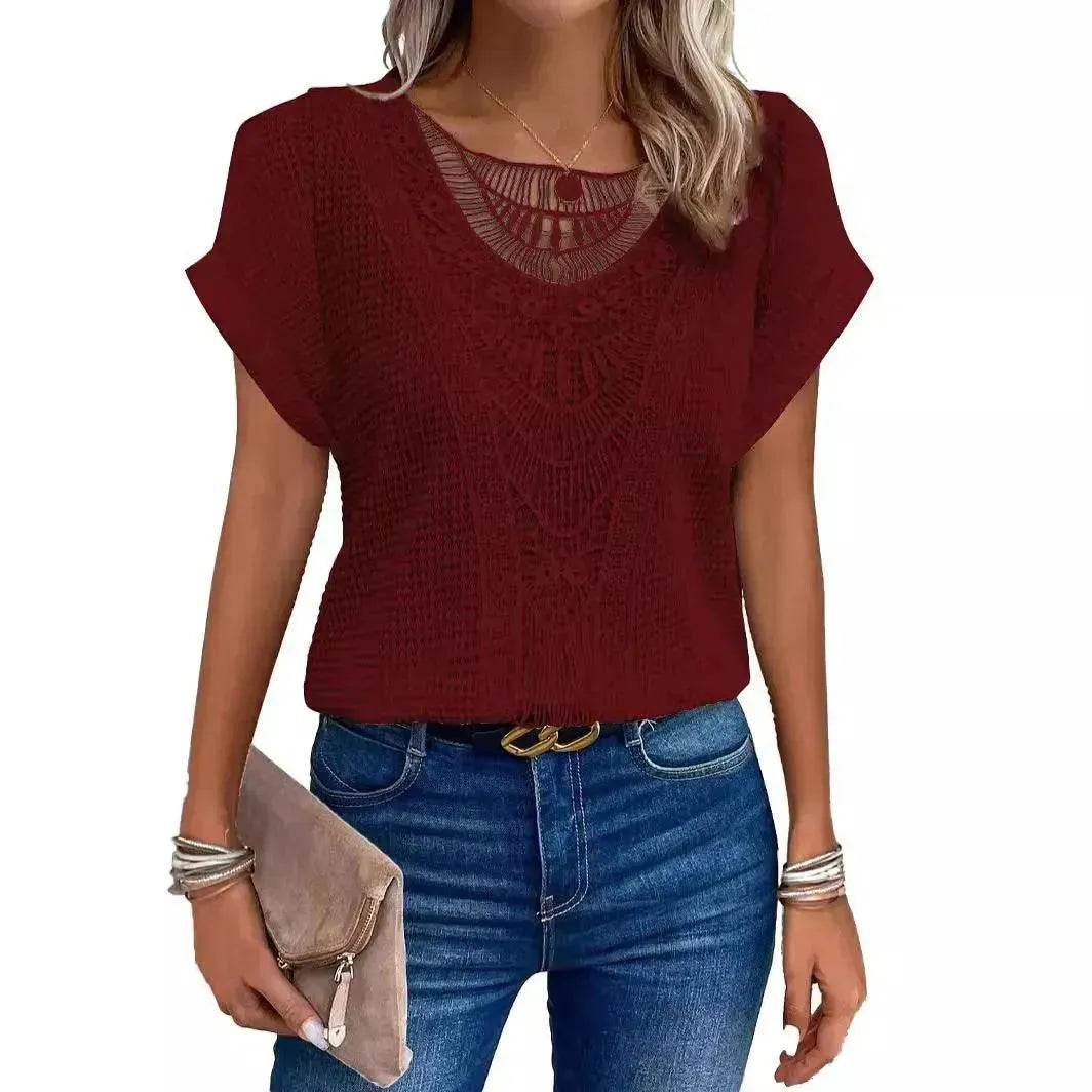 Lace Patchwork Short-sleeved T-shirt Women's Clothing - www.Shopthatapp.com