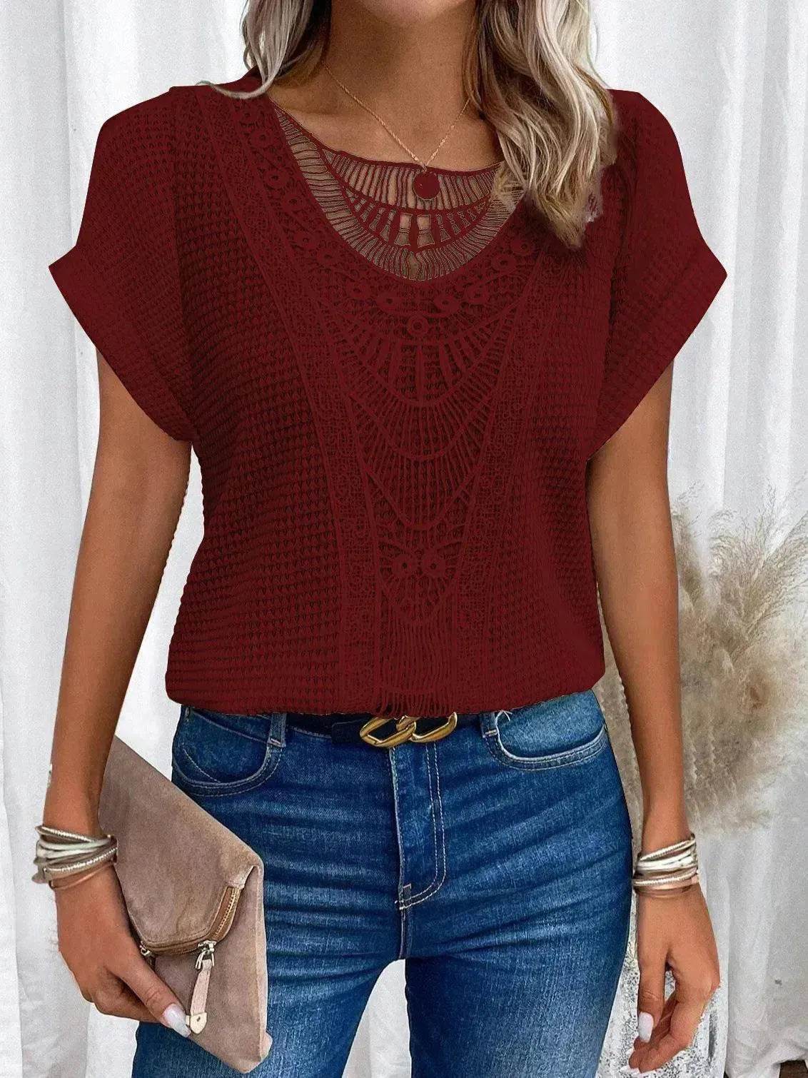 Lace Patchwork Short-sleeved T-shirt Women's Clothing - www.Shopthatapp.com