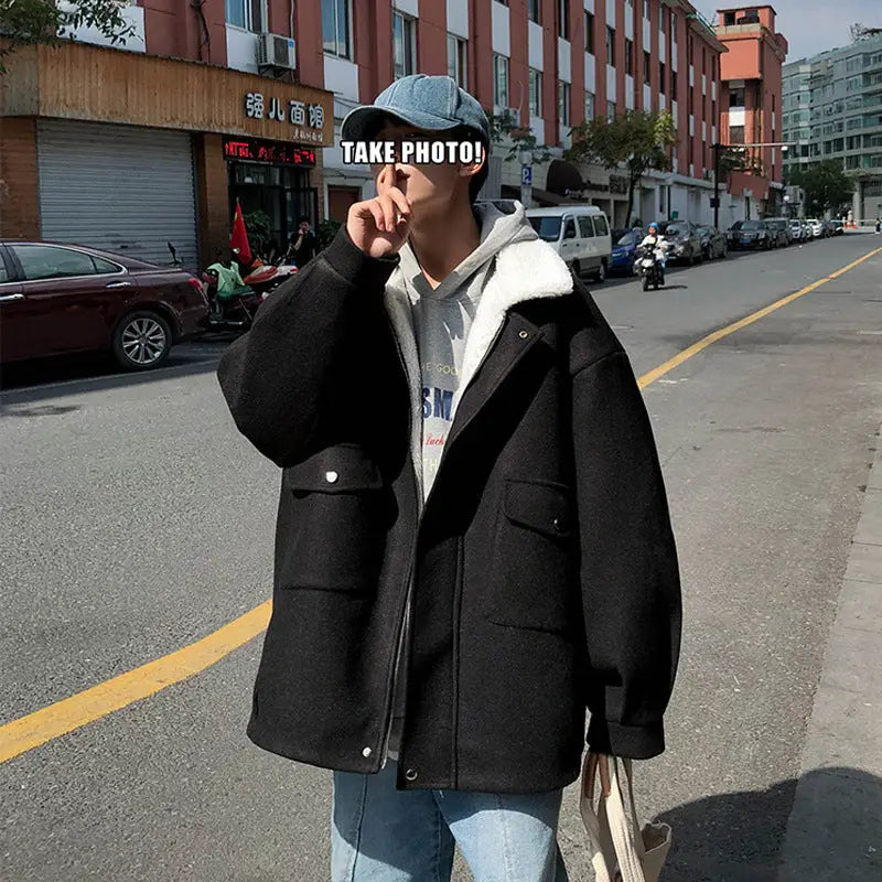 Lamb Plush Woolen Coat For Men, Versatile In Winter Japanese Style, Thickened For Warmth - www.Shopthatapp.com