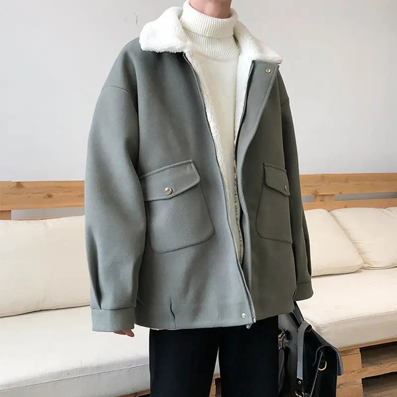 Lamb Plush Woolen Coat For Men, Versatile In Winter Japanese Style, Thickened For Warmth - www.Shopthatapp.com