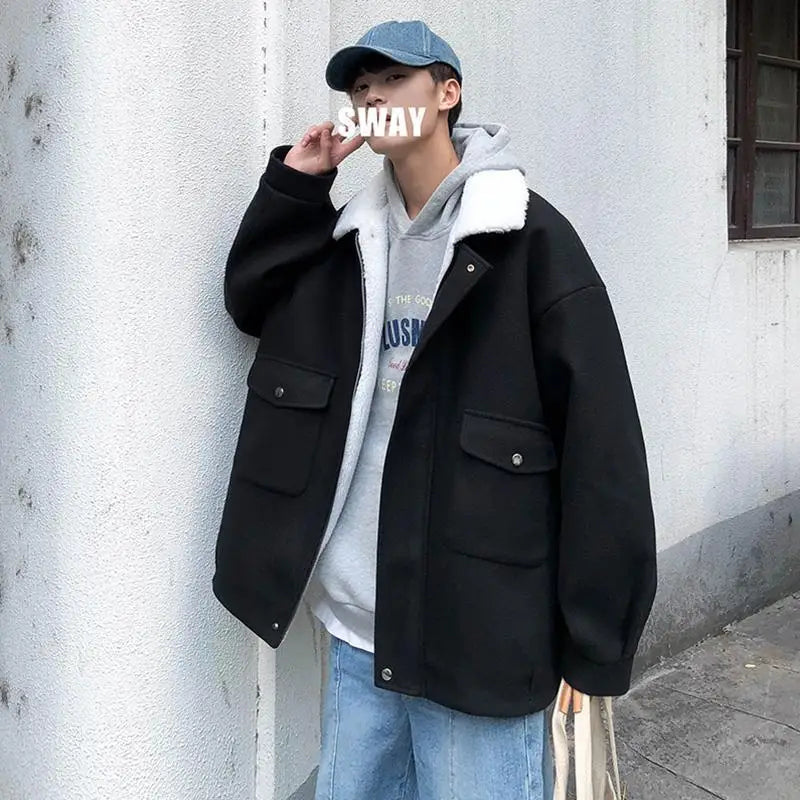 Lamb Plush Woolen Coat For Men, Versatile In Winter Japanese Style, Thickened For Warmth - www.Shopthatapp.com