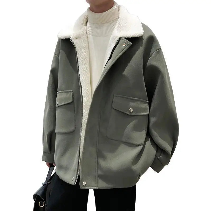 Lamb Plush Woolen Coat For Men, Versatile In Winter Japanese Style, Thickened For Warmth - www.Shopthatapp.com