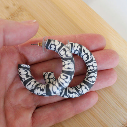 LARGE Polymer Clay Printed hoop earrings - Charcoal Grey and Cream - www.Shopthatapp.com