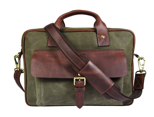 Leather 15" Canvas Briefcase Bag Seaweed Green (PB - 154) - www.Shopthatapp.com