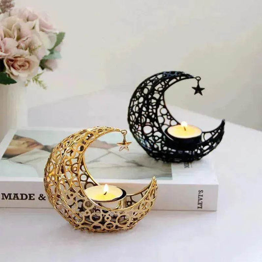 Light Luxury Crescent Moon Star Moon Black Gold Metal Candle Holder Modern Romantic Wedding Christmas Candle Cup Home Decor - www.Shopthatapp.com