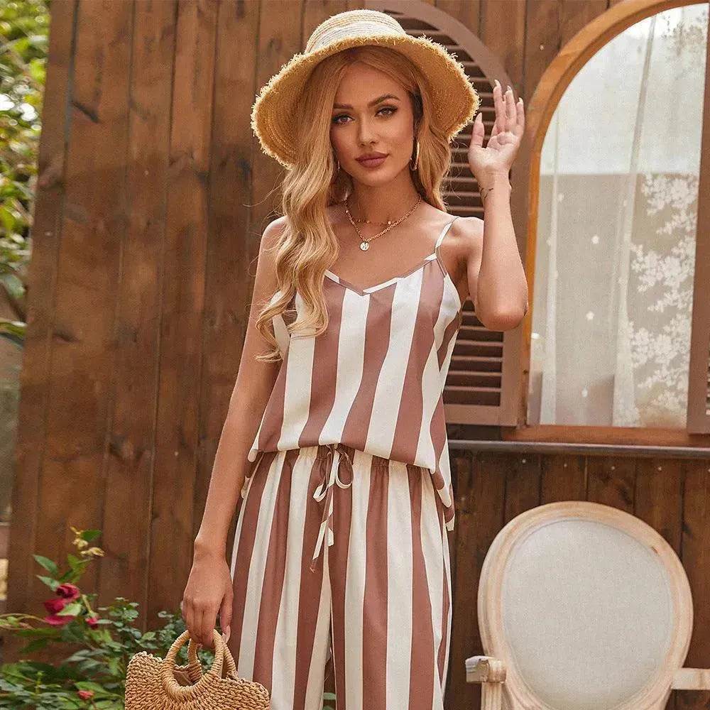 Loose Homewear Striped Small Sling Trousers Woven Suit Women - www.Shopthatapp.com