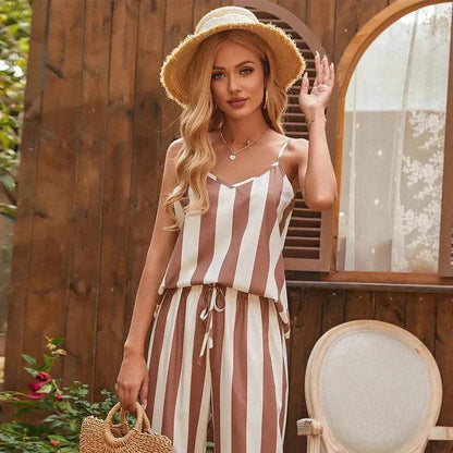 Loose Homewear Striped Small Sling Trousers Woven Suit Women - www.Shopthatapp.com