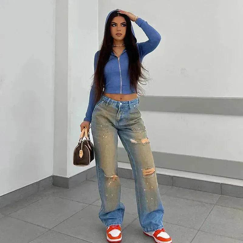 Loose Straight Fashion Street Denim Trousers For Women - www.Shopthatapp.com