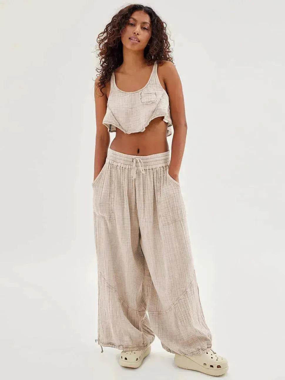 Loose Wide Leg Pants Women Drawstring Leggings Trousers - www.Shopthatapp.com