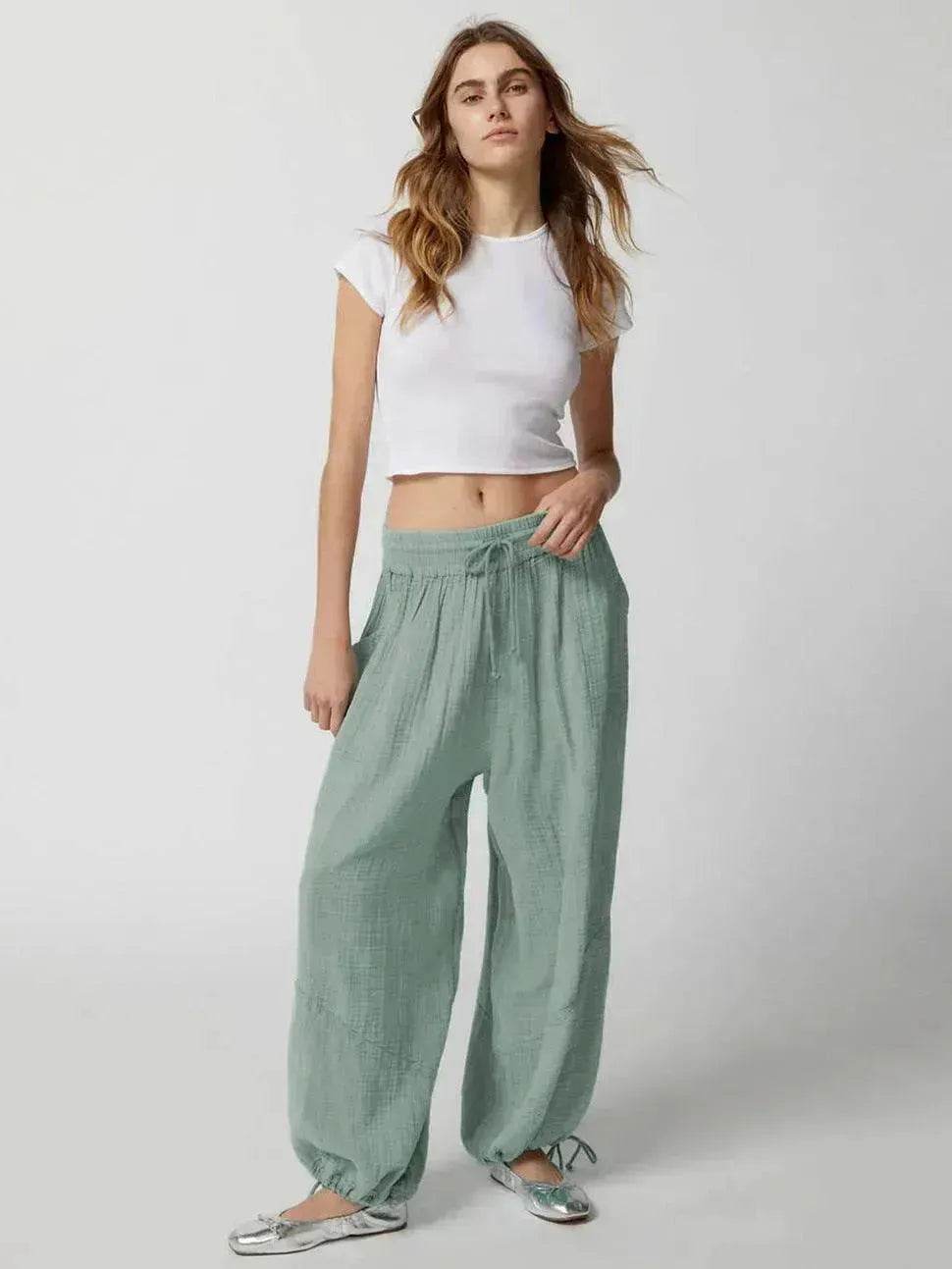 Loose Wide Leg Pants Women Drawstring Leggings Trousers - www.Shopthatapp.com