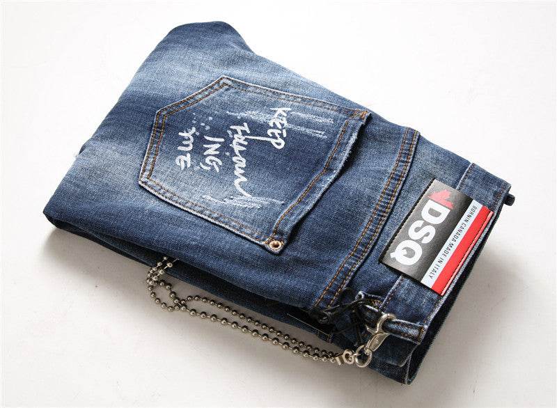 men jeans famous D2 Men slim jeans pants mens denim trousers zipper blue hole Pencil Pants - www.Shopthatapp.com #