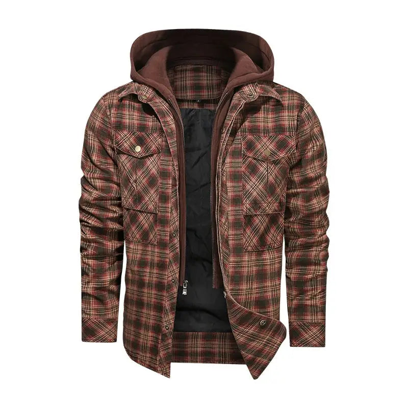 Men Long-sleeved Plaid Jacket Regular Fit Fleece Detachable Hoodies Jackets - www.Shopthatapp.com