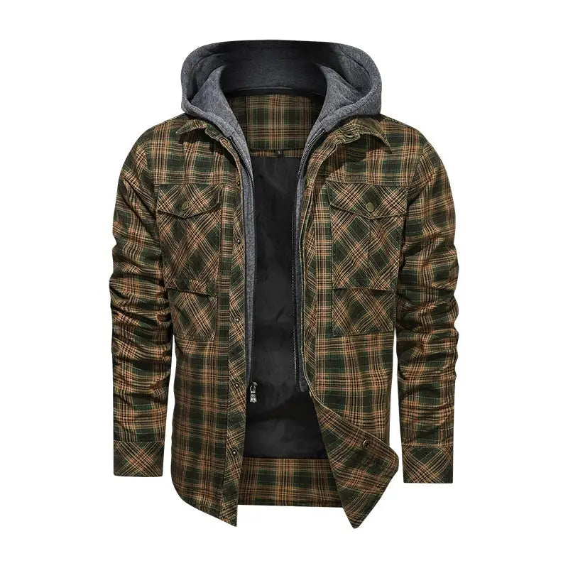 Men Long-sleeved Plaid Jacket Regular Fit Fleece Detachable Hoodies Jackets - www.Shopthatapp.com