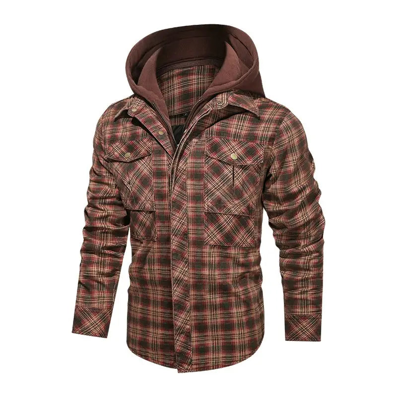 Men Long-sleeved Plaid Jacket Regular Fit Fleece Detachable Hoodies Jackets - www.Shopthatapp.com
