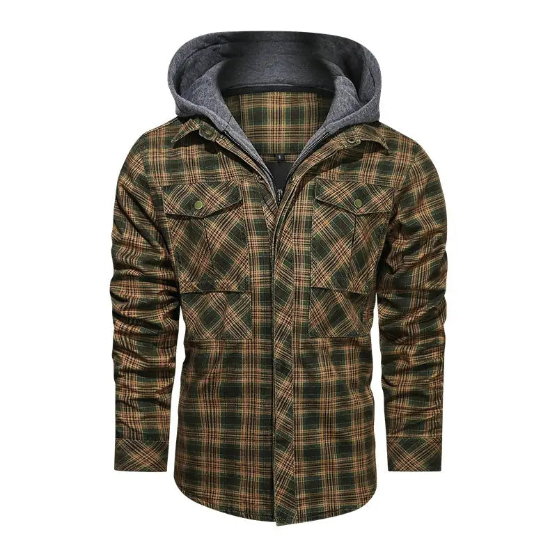 Men Long-sleeved Plaid Jacket Regular Fit Fleece Detachable Hoodies Jackets - www.Shopthatapp.com