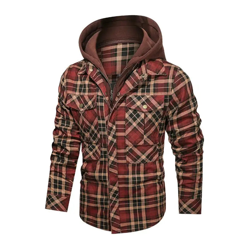 Men Long-sleeved Plaid Jacket Regular Fit Fleece Detachable Hoodies Jackets - www.Shopthatapp.com