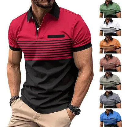 Men's Casual Striped polo T-Shirt With  fake Chest Pocket - www.Shopthatapp.com
