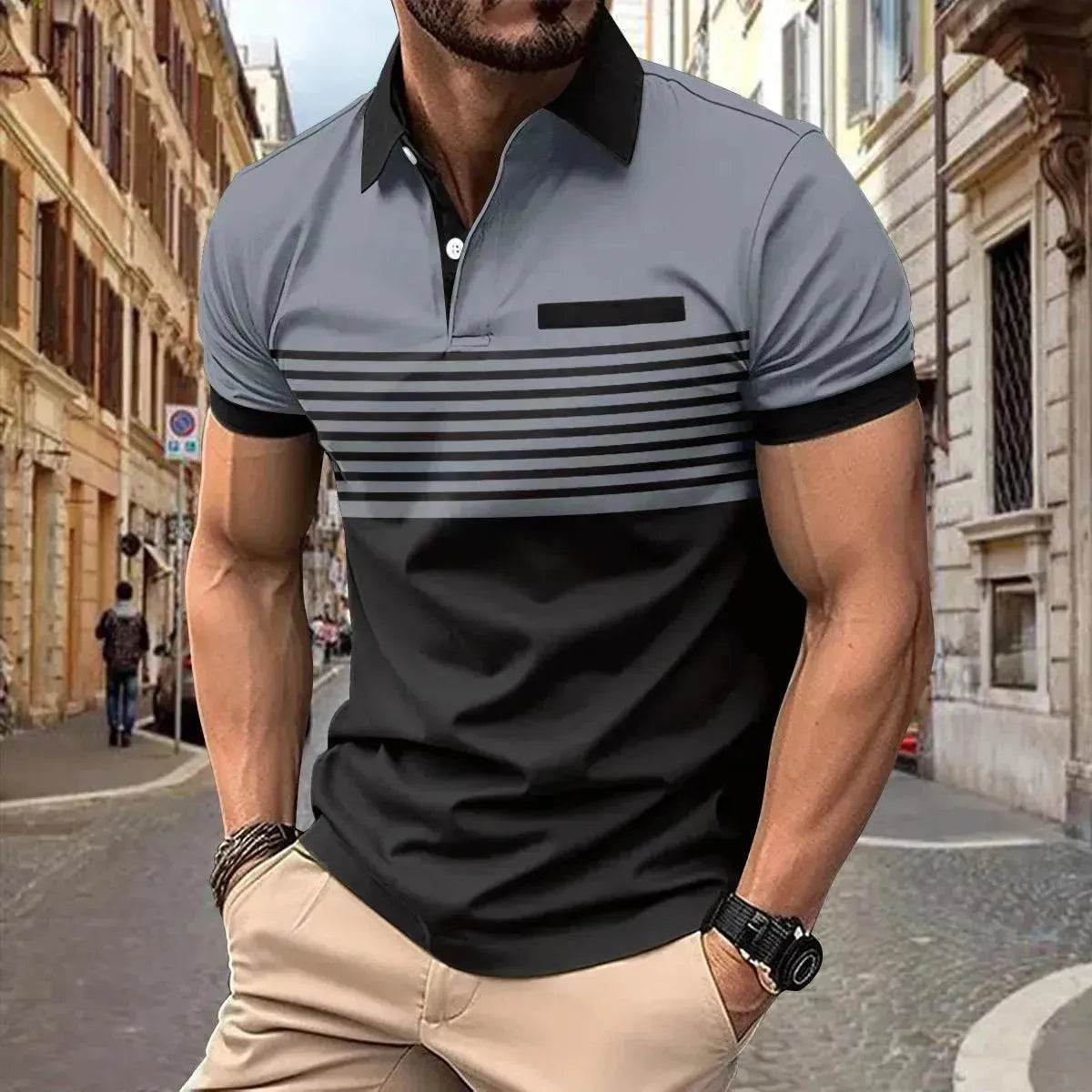 Men's Casual Striped polo T-Shirt With  fake Chest Pocket - www.Shopthatapp.com