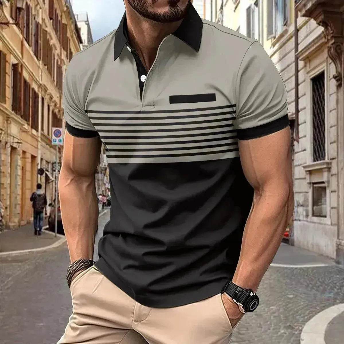 Men's Casual Striped polo T-Shirt With  fake Chest Pocket - www.Shopthatapp.com