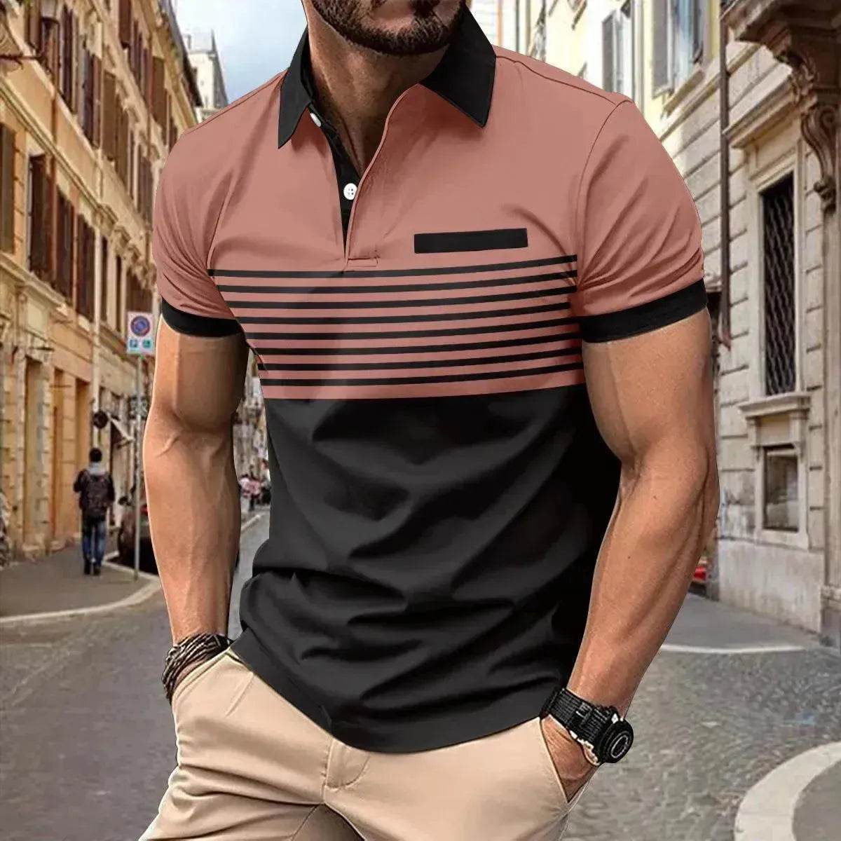 Men's Casual Striped polo T-Shirt With  fake Chest Pocket - www.Shopthatapp.com
