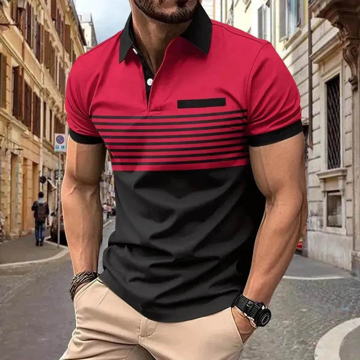 Men's Casual Striped polo T-Shirt With  fake Chest Pocket - www.Shopthatapp.com