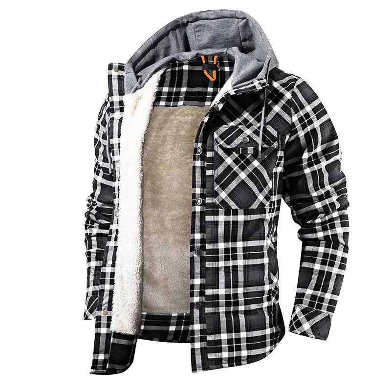 Men Warm Jacket Fleece Lining Lumberjack Plaid Hooded Jackets Snap Button - www.Shopthatapp.com