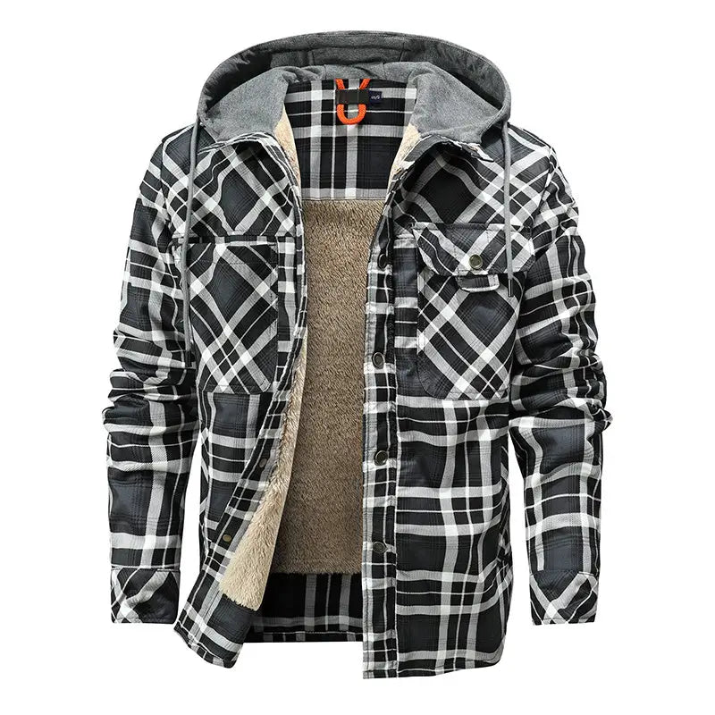 Men Warm Jacket Fleece Lining Lumberjack Plaid Hooded Jackets Snap Button - www.Shopthatapp.com