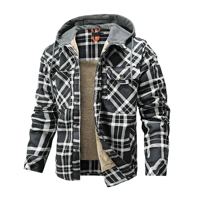 Men Warm Jacket Fleece Lining Lumberjack Plaid Hooded Jackets Snap Button - www.Shopthatapp.com