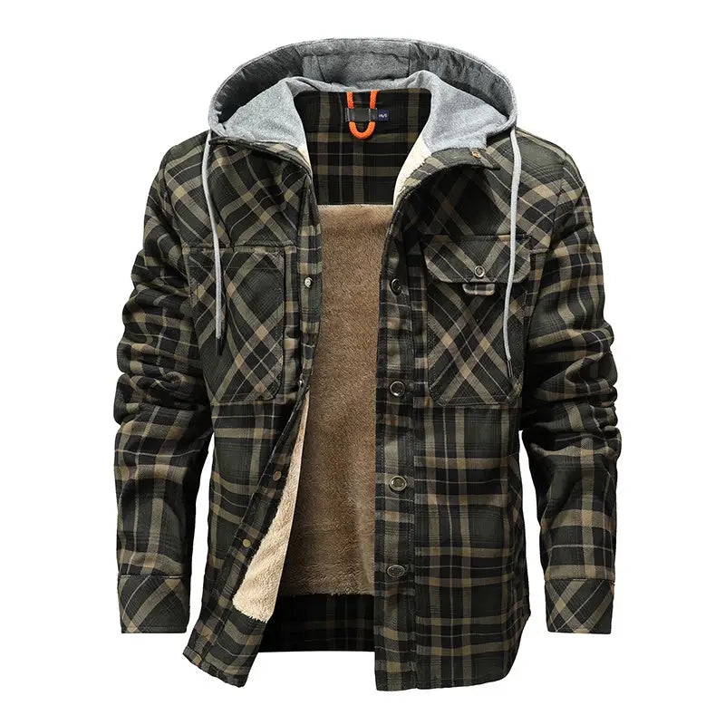 Men Warm Jacket Fleece Lining Lumberjack Plaid Hooded Jackets Snap Button - www.Shopthatapp.com