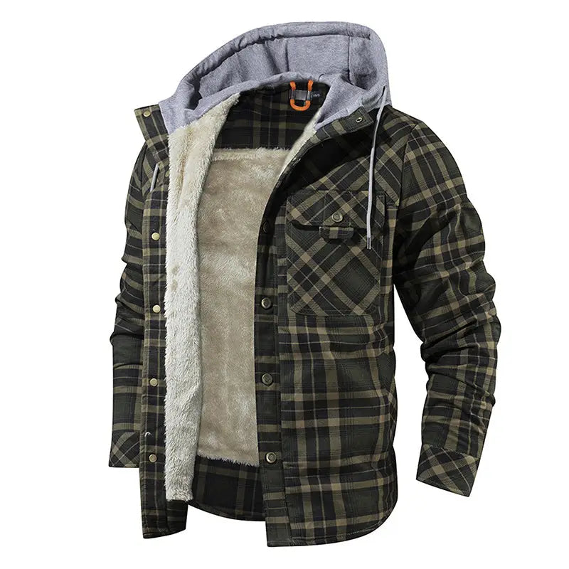 Men Warm Jacket Fleece Lining Lumberjack Plaid Hooded Jackets Snap Button - www.Shopthatapp.com