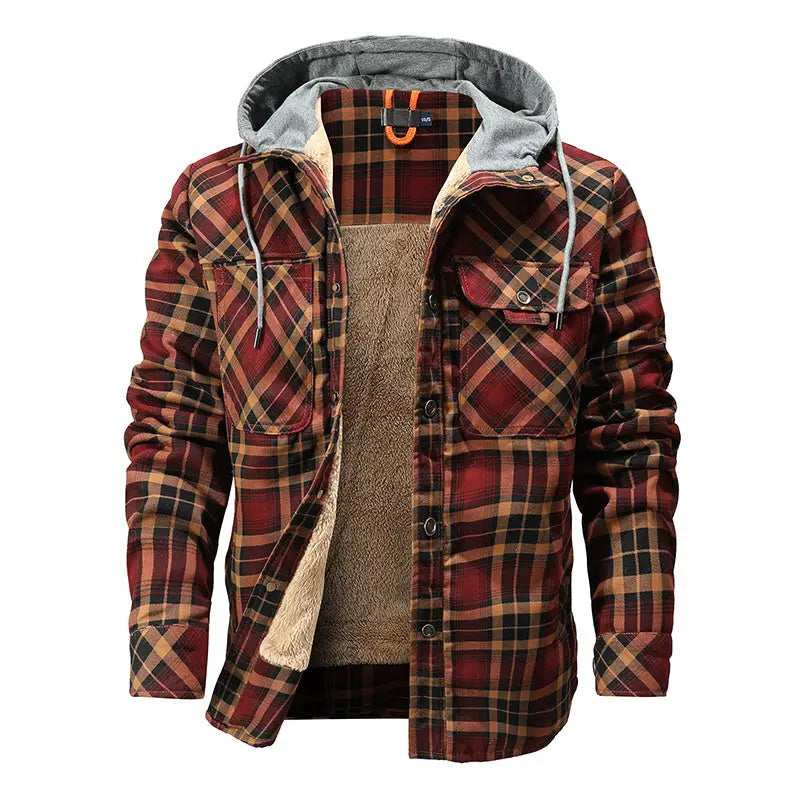 Men Warm Jacket Fleece Lining Lumberjack Plaid Hooded Jackets Snap Button - www.Shopthatapp.com
