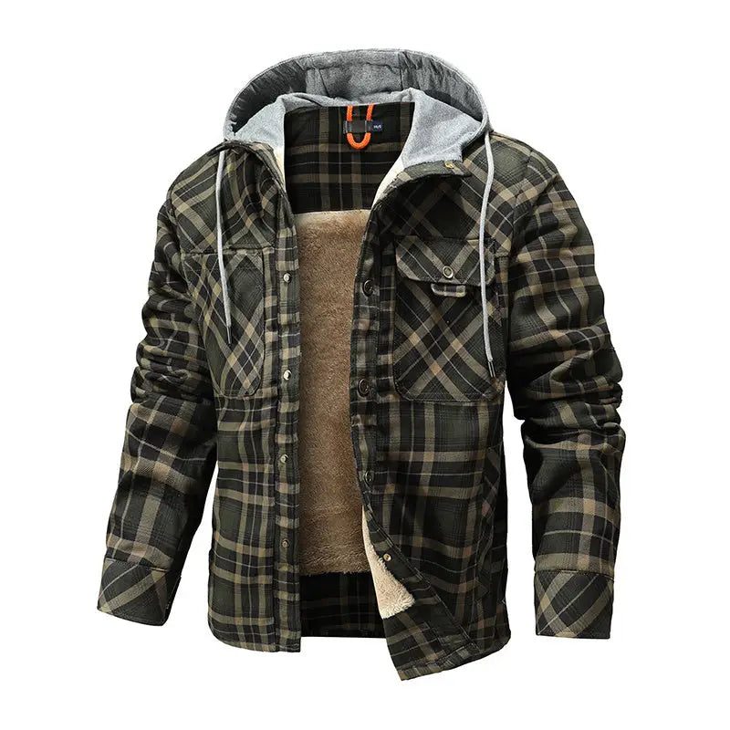 Men Warm Jacket Fleece Lining Lumberjack Plaid Hooded Jackets Snap Button - www.Shopthatapp.com