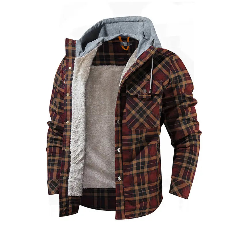 Men Warm Jacket Fleece Lining Lumberjack Plaid Hooded Jackets Snap Button - www.Shopthatapp.com