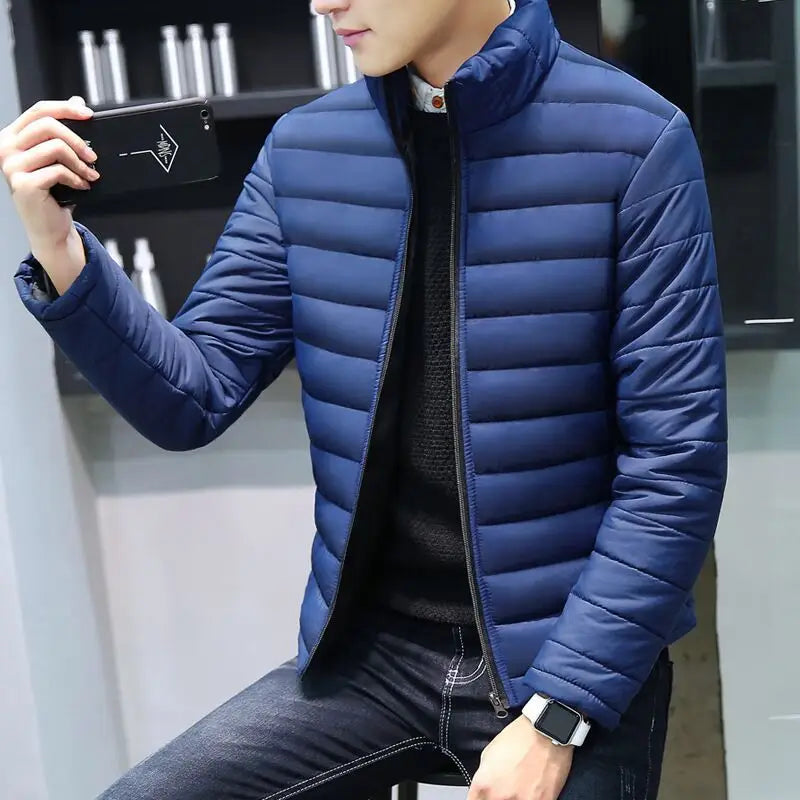 Men's stand collar thick solid color casual down cotton suit youth Slim trend coat men - www.Shopthatapp.com