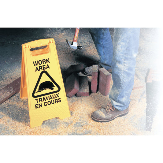 Panneau de sécurité « Travaux en cours », bilingue avec pictogramme