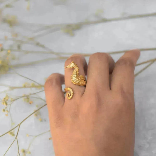 Ocean 18K Gold Stainless Steel Seahorse Opening Ring for Women - www.Shopthatapp.com