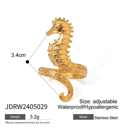 Ocean 18K Gold Stainless Steel Seahorse Opening Ring for Women - www.Shopthatapp.com