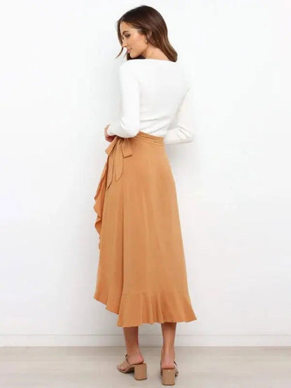 One Piece Tie Long Skirt Irregular Cover Hip Solid Color Skirt - www.Shopthatapp.com