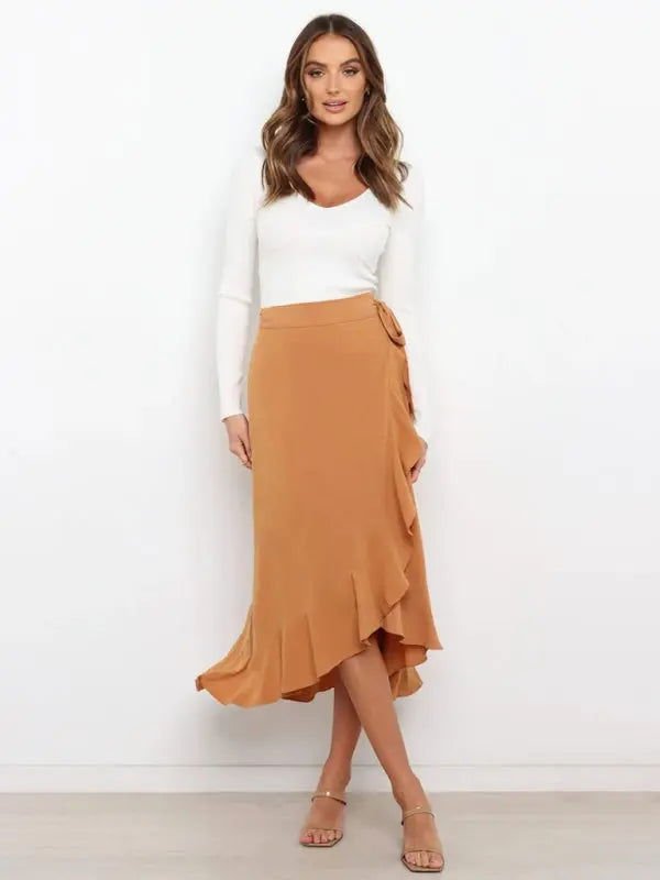 One Piece Tie Long Skirt Irregular Cover Hip Solid Color Skirt - www.Shopthatapp.com