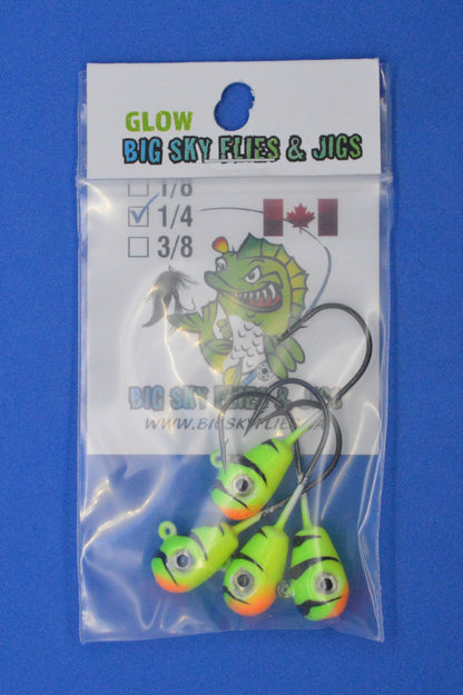 Big Sky Deluxe KnockOut 1/4oz Glow Jigs 4/pack-Outdoor Sporting goods camping-www.Shopthatapp.com-Color:Perch w/Black Lines and Orange Mouth-Stony Tackle Shack