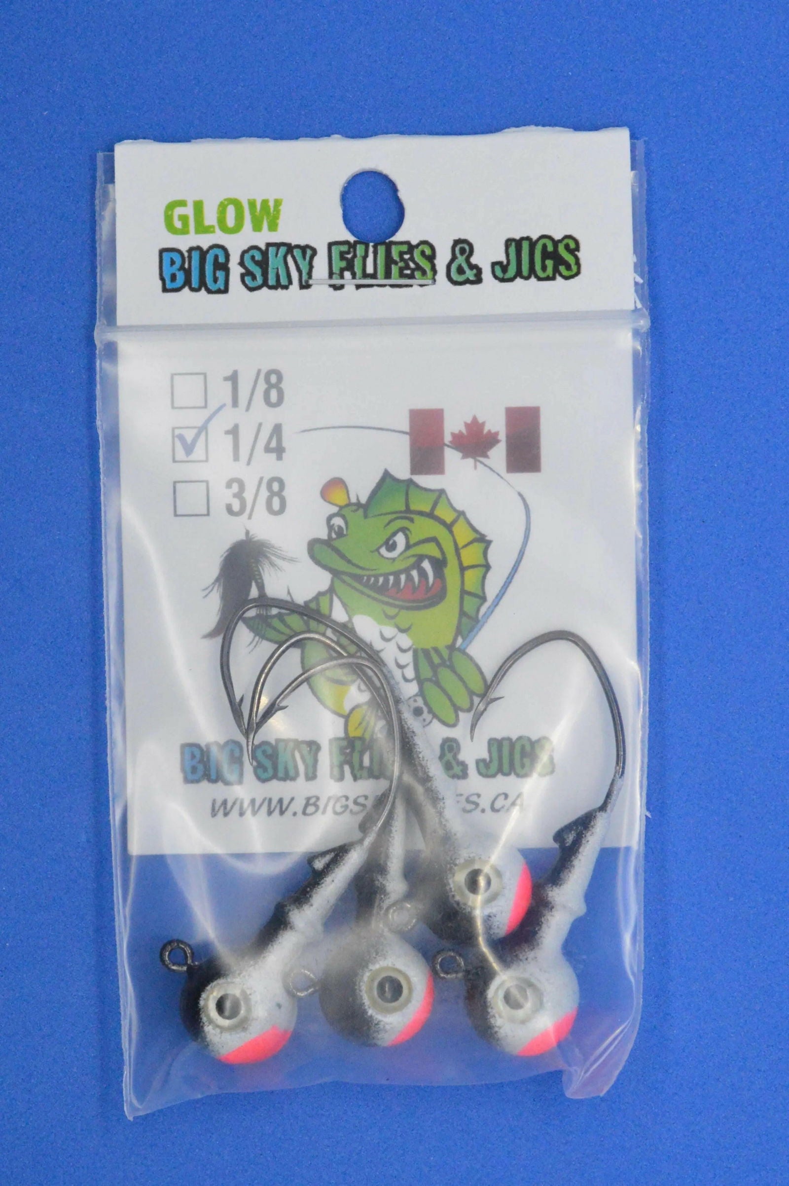 Big Sky Mean Machine 1/4oz Glow Jig Heads 4/pack-Outdoor Sporting goods camping-www.Shopthatapp.com-Color:Black Top. White Middle. Fire Red Mouth.-Stony Tackle Shack