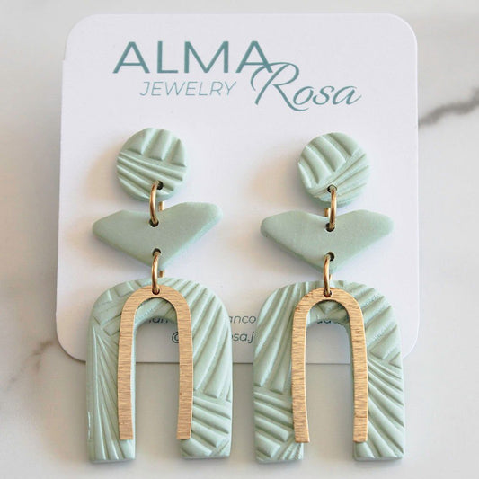 PERSONA Earrings. Textured Sage Green Polymer Clay Arch earrings with brass dangles - www.Shopthatapp.com