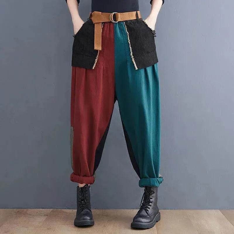 Personality Contrast Color Stitching Denim Trousers For Women - www.Shopthatapp.com